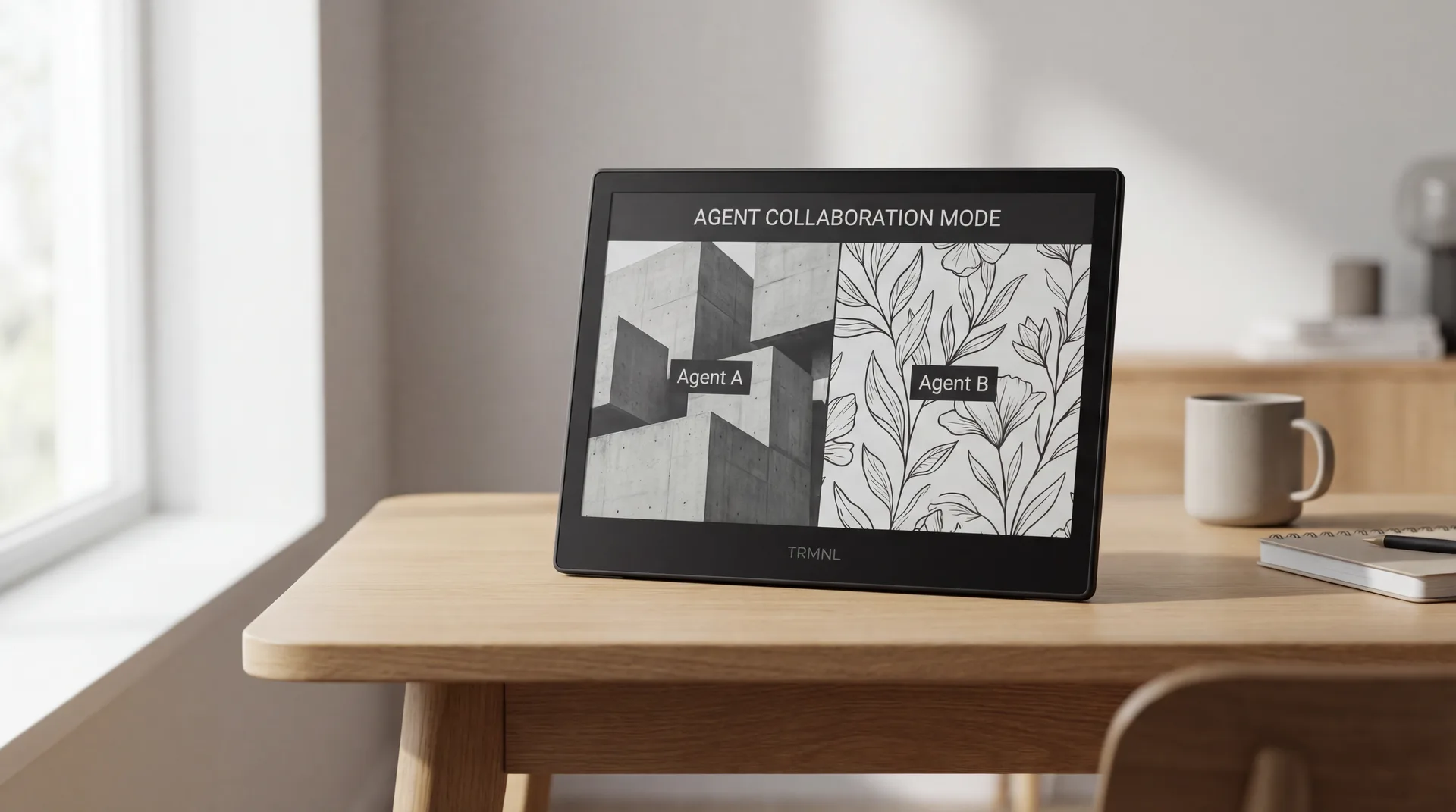 TRMNL eInk display on desk showing Agent A and Agent B collaborating on a split canvas