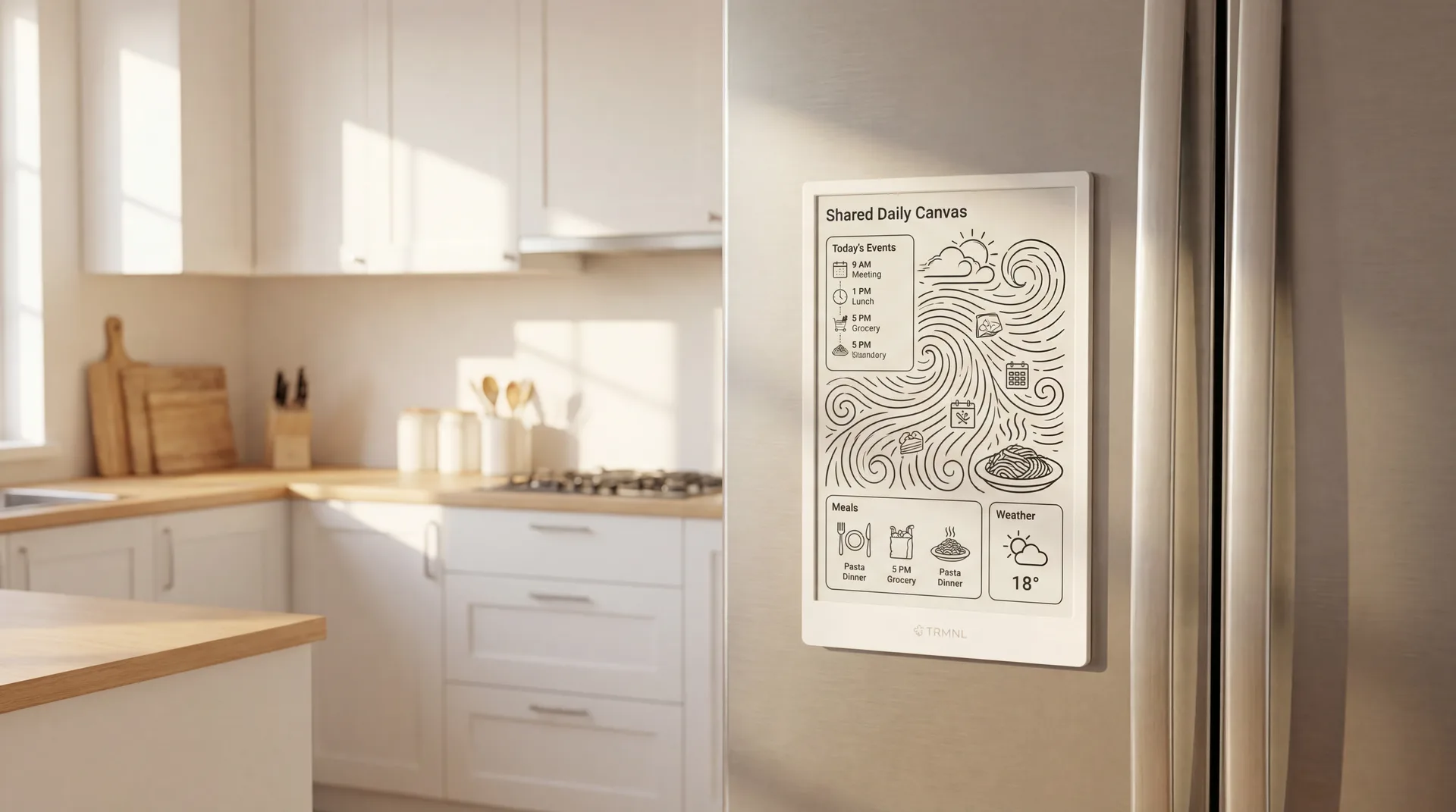 TRMNL on fridge showing Shared Daily Canvas with calendar, meals, and weather